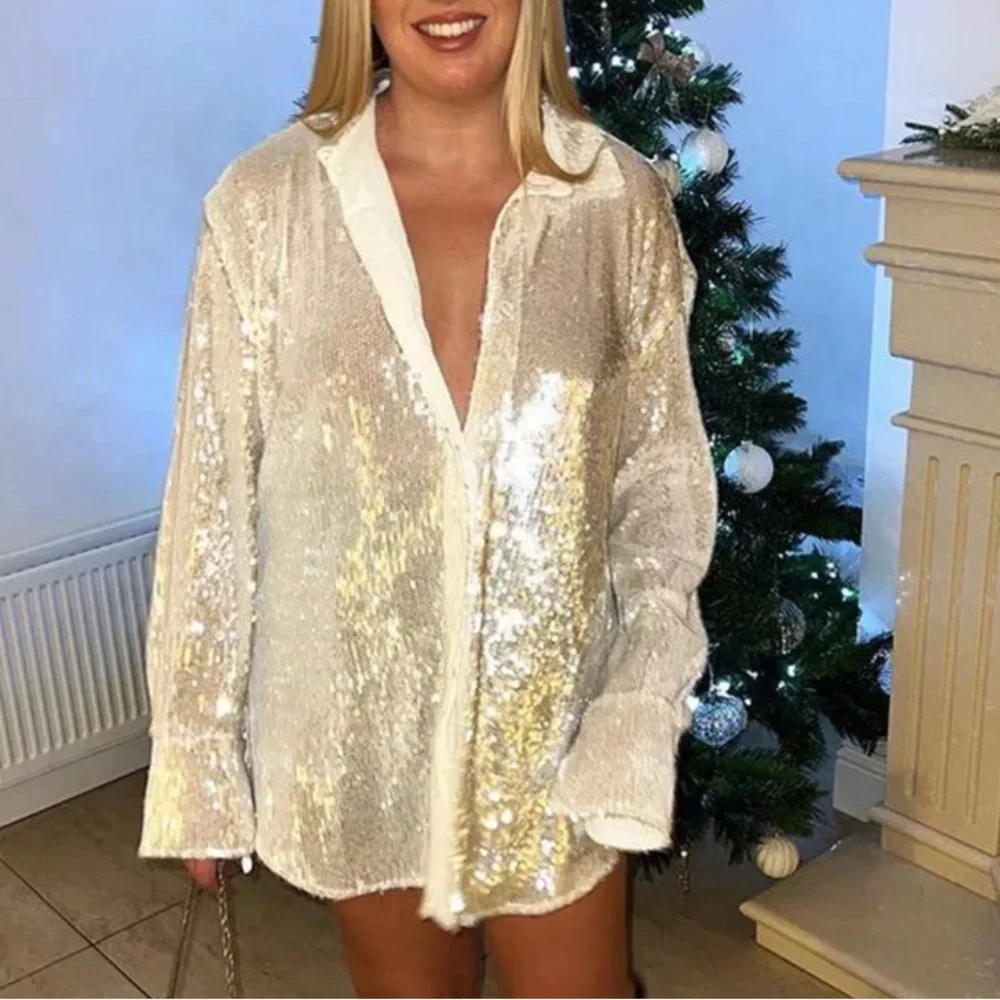 🎉New Sparkle & Shine Silver Long Sleeve Sequined Glitter Sheer Button Up Top - Picture 8 of 11
